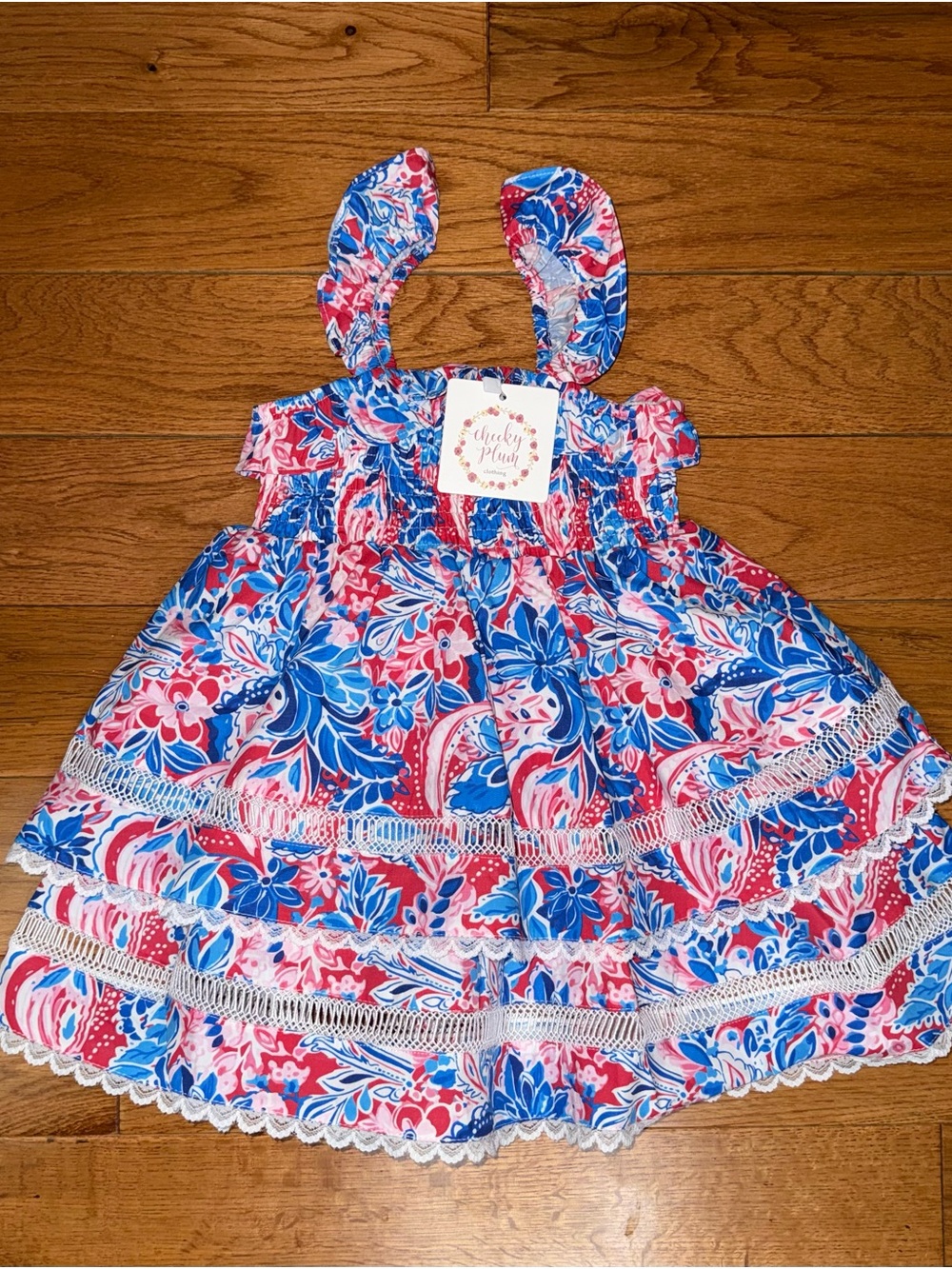 Cheeky Plum Floral Lace Trim Smocked Dress NWT 18-24M